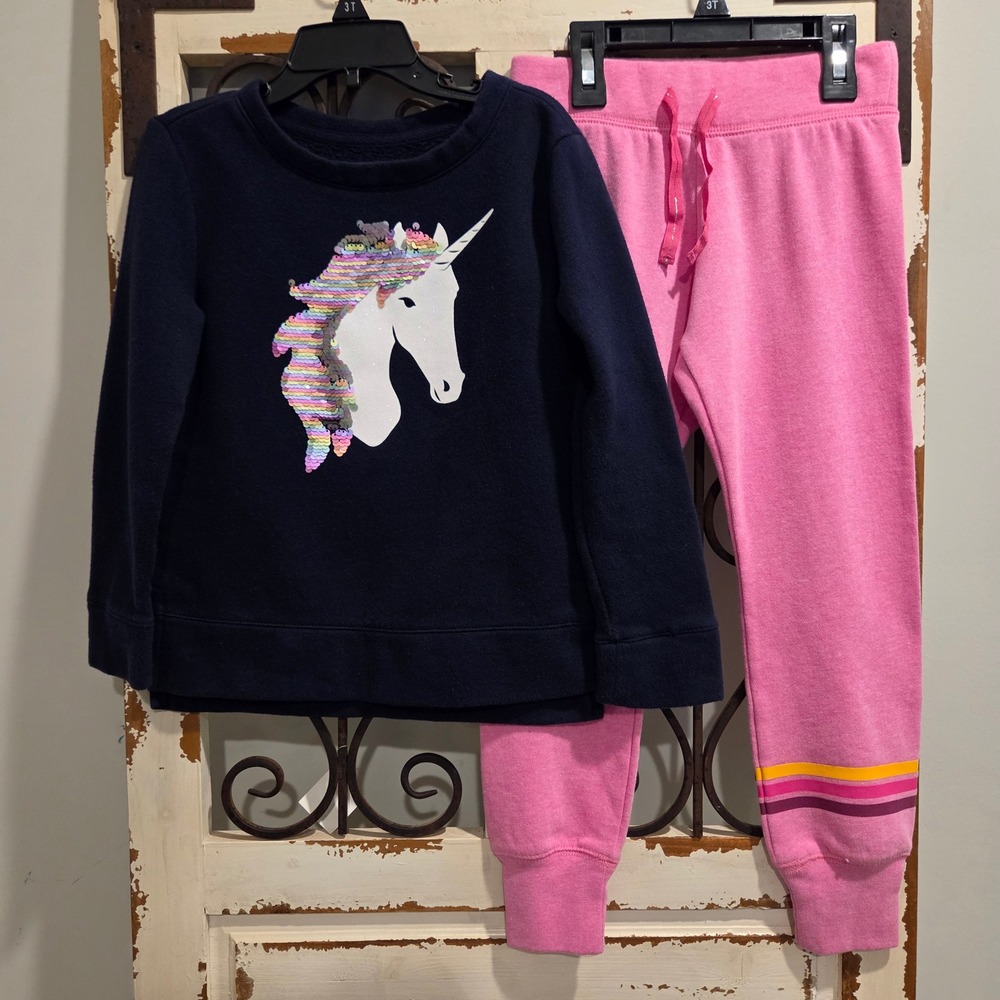 Gap Kids Girls Navy Sequin Unicorn Sweatshirt and Pink Joggers Set Size S 6-7